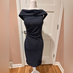 Eliza J Navy Sparkle Off-Shoulder Sheath Dress